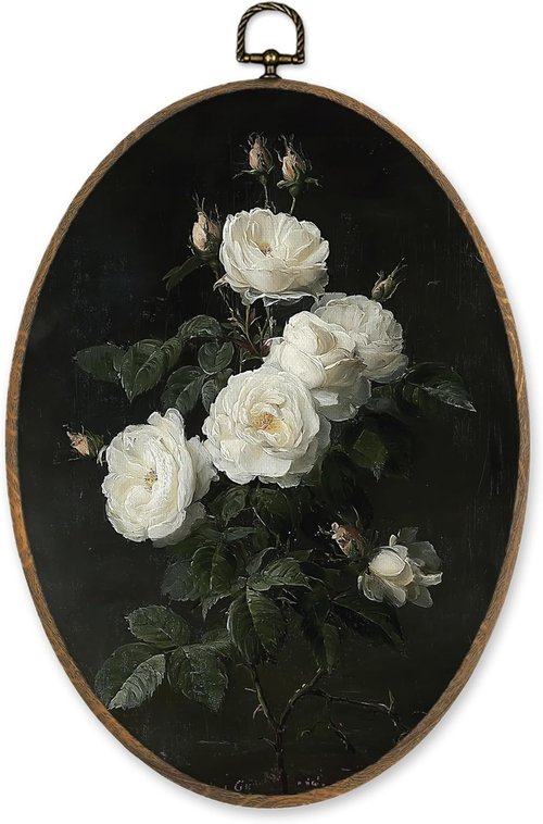 LKETW Vintage White Floral Oval Wall Art - Dark Cottagecore Canvas Decor for Home | 8.6x11.4 Inch