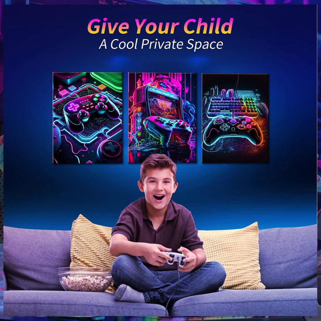 BGFCE Neon Gaming Accessories Canvas Wall Art Set | 3-Piece Game Room Decor for Boys, 16x24in Framed