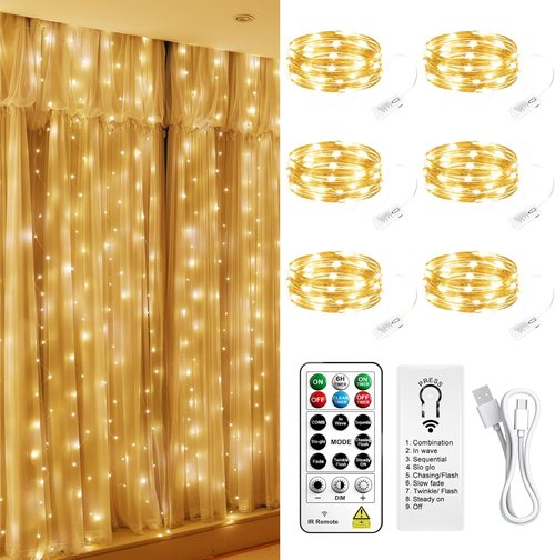 HXWEIYE 300L Curtain Lights - Plug-In & Battery Operated Fairy Lights with Remote & Timer Bundle