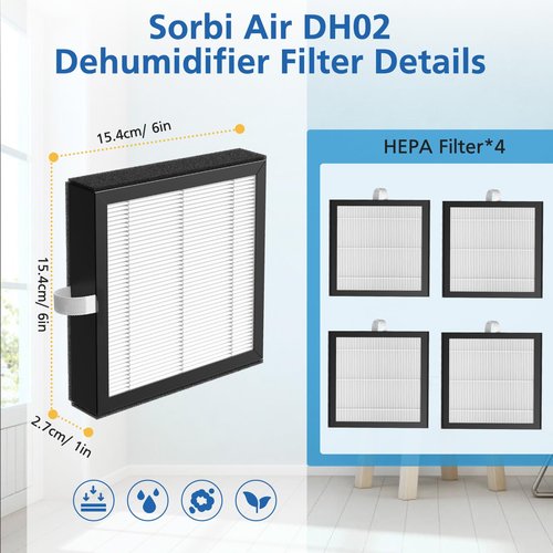 4 Pack DH02 H13 HEPA Replacement Filter Compatible with Tenergy Sorbi DH02 2 in 1 Dehumidifier(1000ML)/Air Purifier, Afloia AQ8 Q8/ Honati/Hysure Q7 Air Purifier