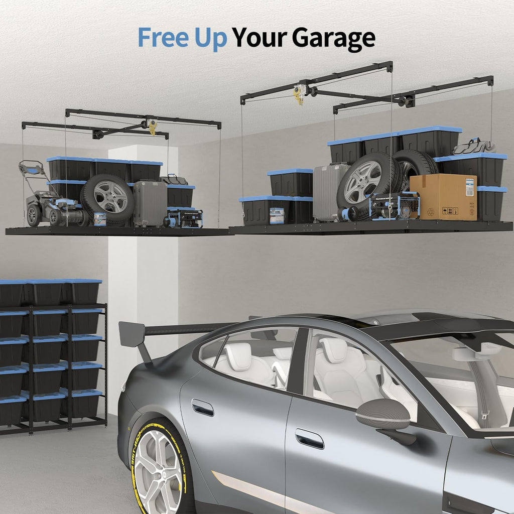 Overhead Garage Storage Rack - Heavy-Duty 4x8 FT Ceiling Mounted System with Safety Lock | 325 lbs Capacity
