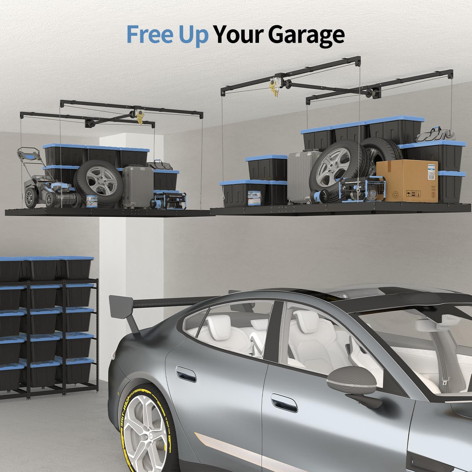Overhead Garage Storage Rack - Heavy-Duty 4x8 FT Ceiling Mounted System with Safety Lock | 325 lbs Capacity