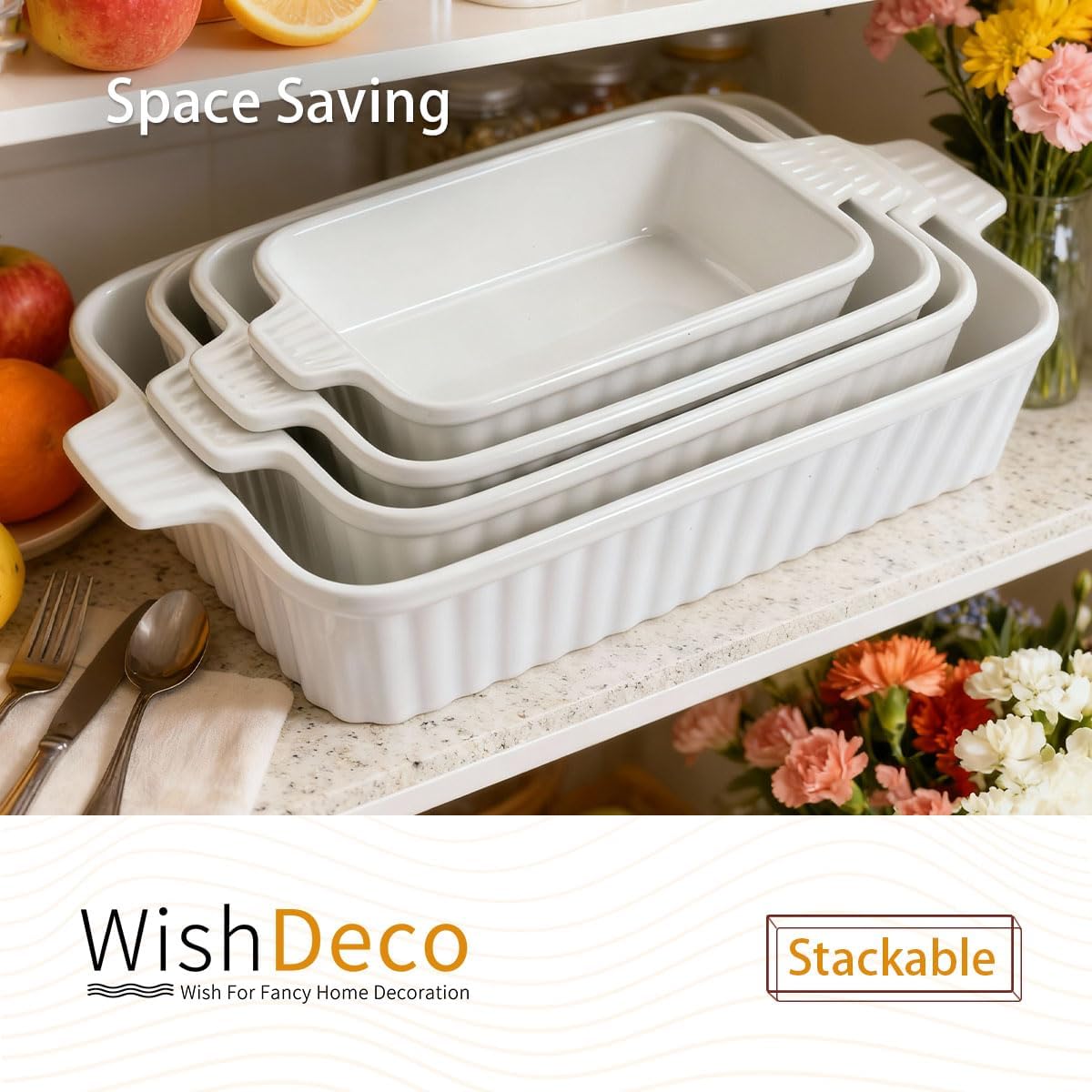 WishDeco Ceramic Casserole Dishes Set of 4 - Deep Rectangular Bakeware with Handles, White Porcelain (15''/12.4''/11''/9.6'')