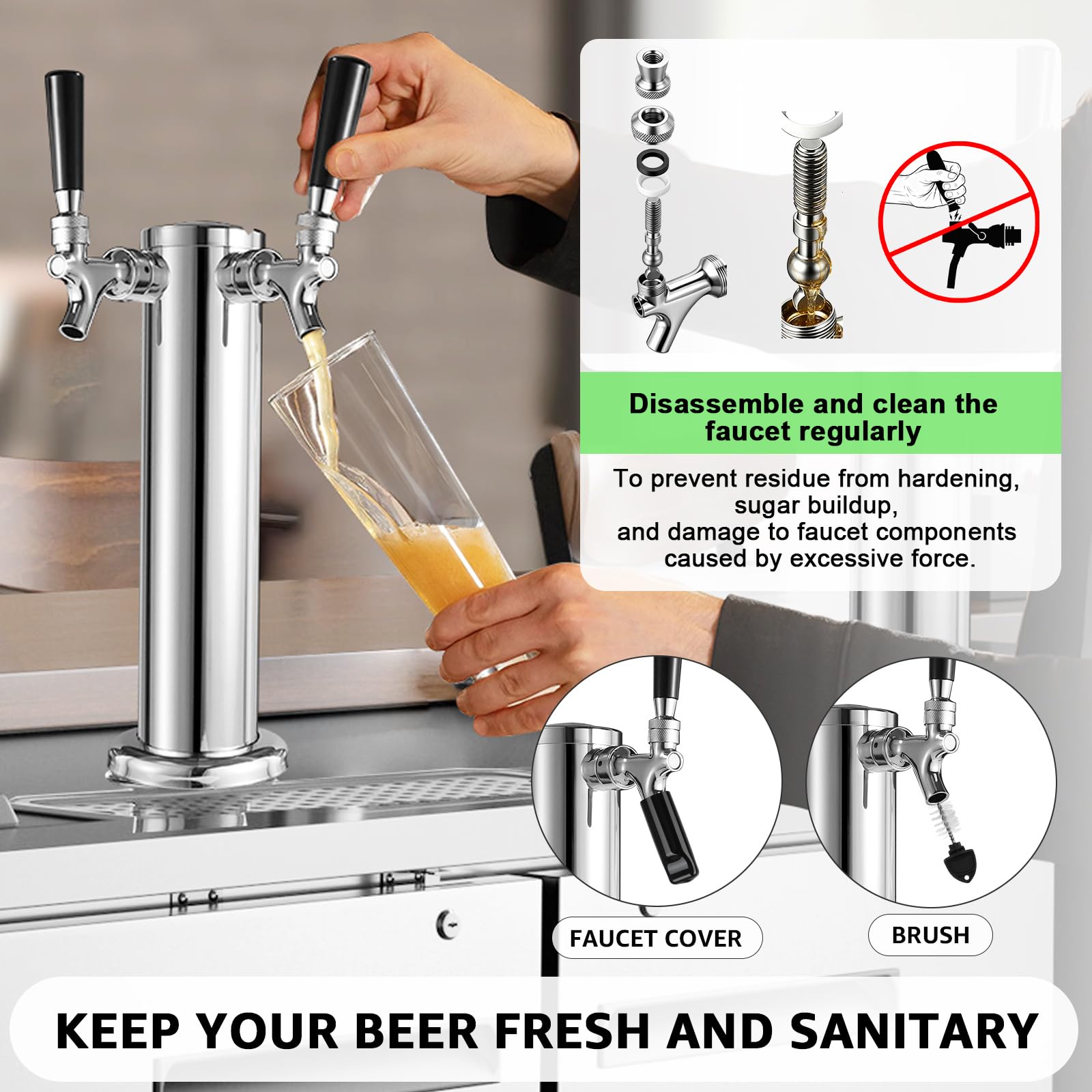 Dual Beer Tap Tower Dispenser with 1/4" Barb Fitting, Draft Kegerator Tap Tower Keg Tower Stainless Brass Core Self-Closing Beer Faucet Brewing Tower Dispenser with Pre-assembled Lines Kit