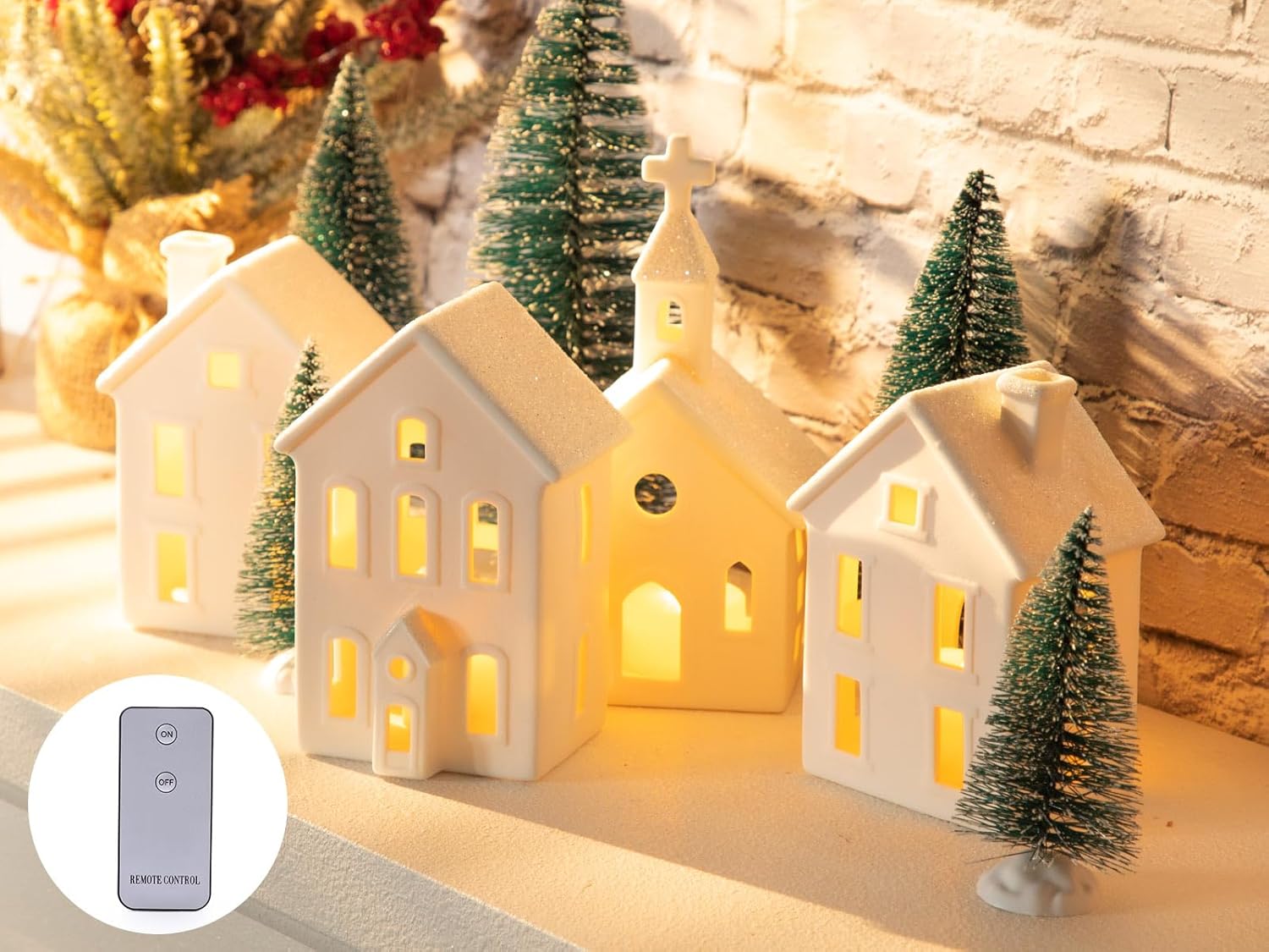 Skiennix 9-Pc Christmas Village Figurines Set - Lighted Ceramic Houses & Trees | Rustic Holiday Decor