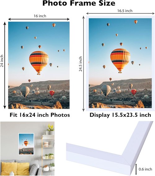 JCJMY 16x24 Picture Frame - Versatile Wall Hanging for Photos & Canvas | White, Horizontal & Vertical Formats