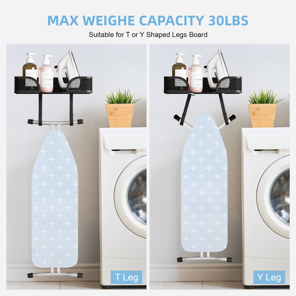 MVRPOWER Ironing Board Holder Wall Mount, Ironing Board Hanger, Laundry Room Decor Organization and Storage with Large Storage Grid Base Basket and Hooks(T&V Shaped)