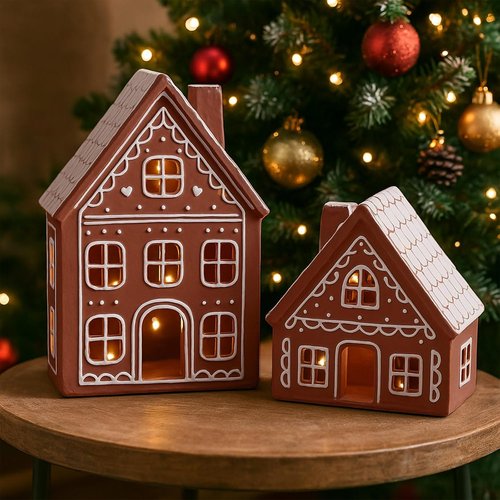 Funnymoom Lighted Ceramic Gingerbread Houses - Pre-Lit Christmas Tabletop Decor | 2 Sets for Holiday Cheer
