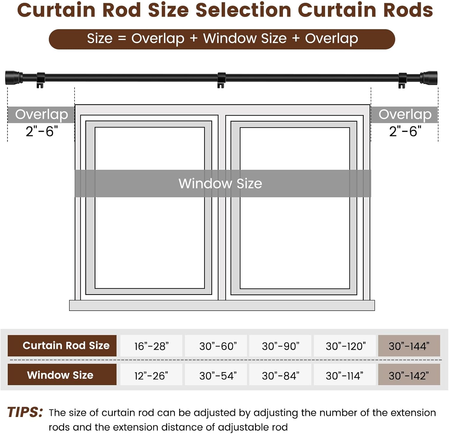 Skiennix Matte Black Curtain Rod - Heavy Duty Adjustable Telescopic Design | Fits 30-144 Inch Windows
