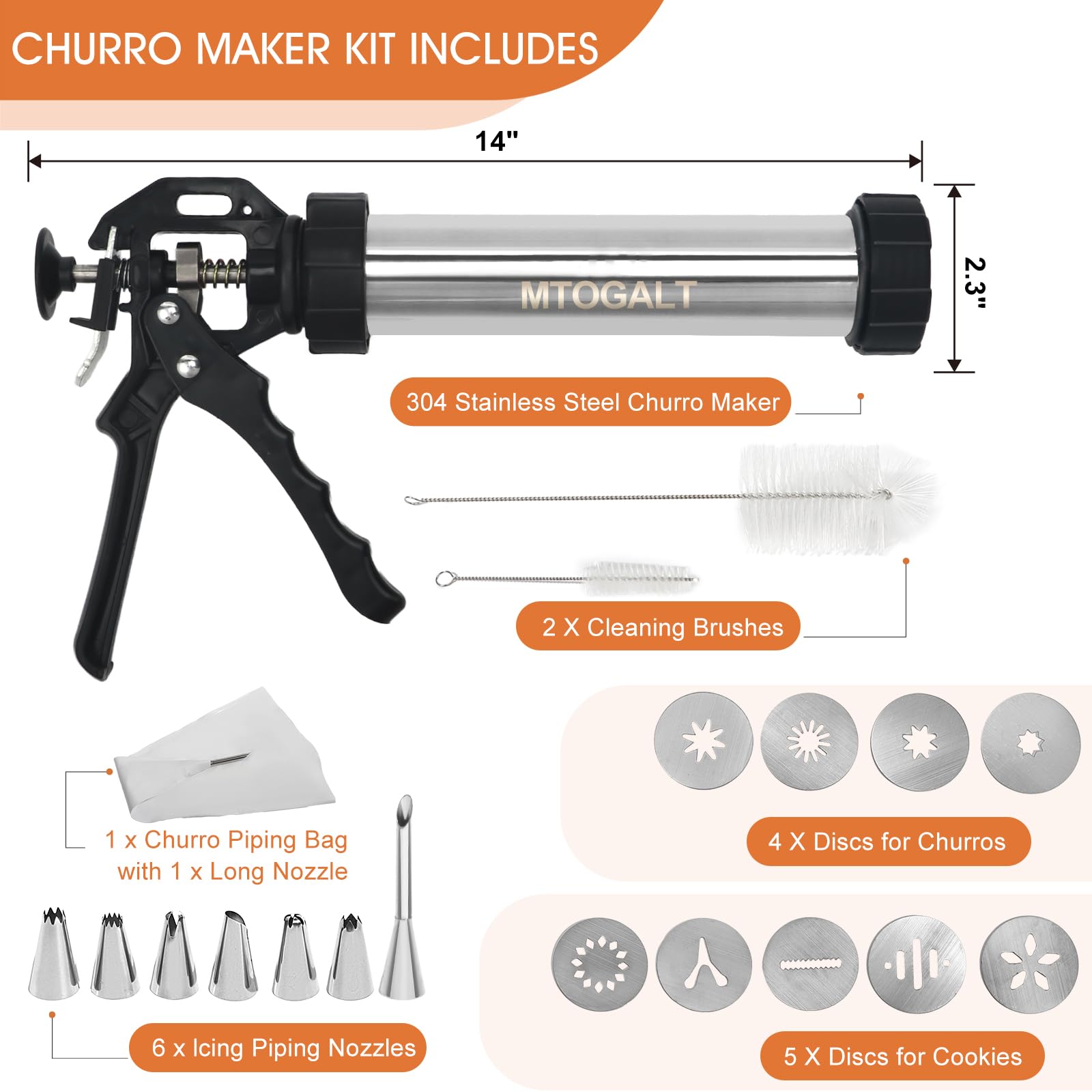 Churro Maker Machine, 21-Piece Stainless Steel Churro Gun Kit, Churros Maker Gun, Cookie Press Set, Hollow Churro, Spritz Cookie Press Gun with Piping Bag, Filler, 6 Tips, 9 Discs, 2 Brushes