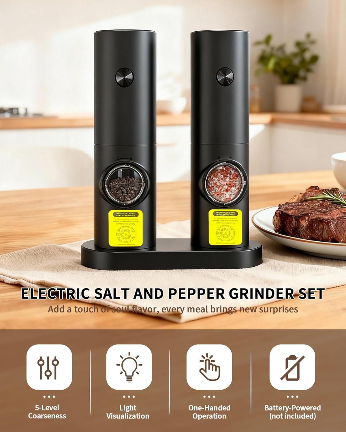 Skiennix Electric Salt and Pepper Grinder Set - Automatic Battery Mill with Adjustable Coarseness & LED | 2 Pack for Home Cooking & Gifts