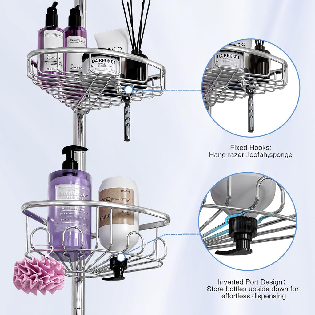 Skiennix Corner Shower Caddy Tension Pole - Rustproof 4-Tier Organizer | Adjustable 47-121 Inch Silver Shelves for Shampoo Storage