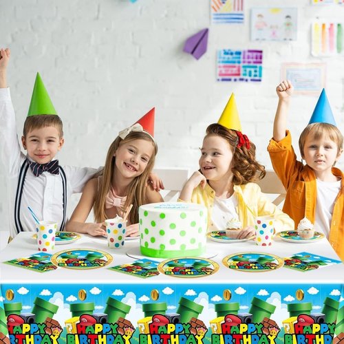 FOR Mario Birthday Party Supplies, Party Decorations Set Include Banner, Balloons, Hanging Swirls, Cake Cupcake Toppers, Tablecloth for Boys Girls Mario Theme Party