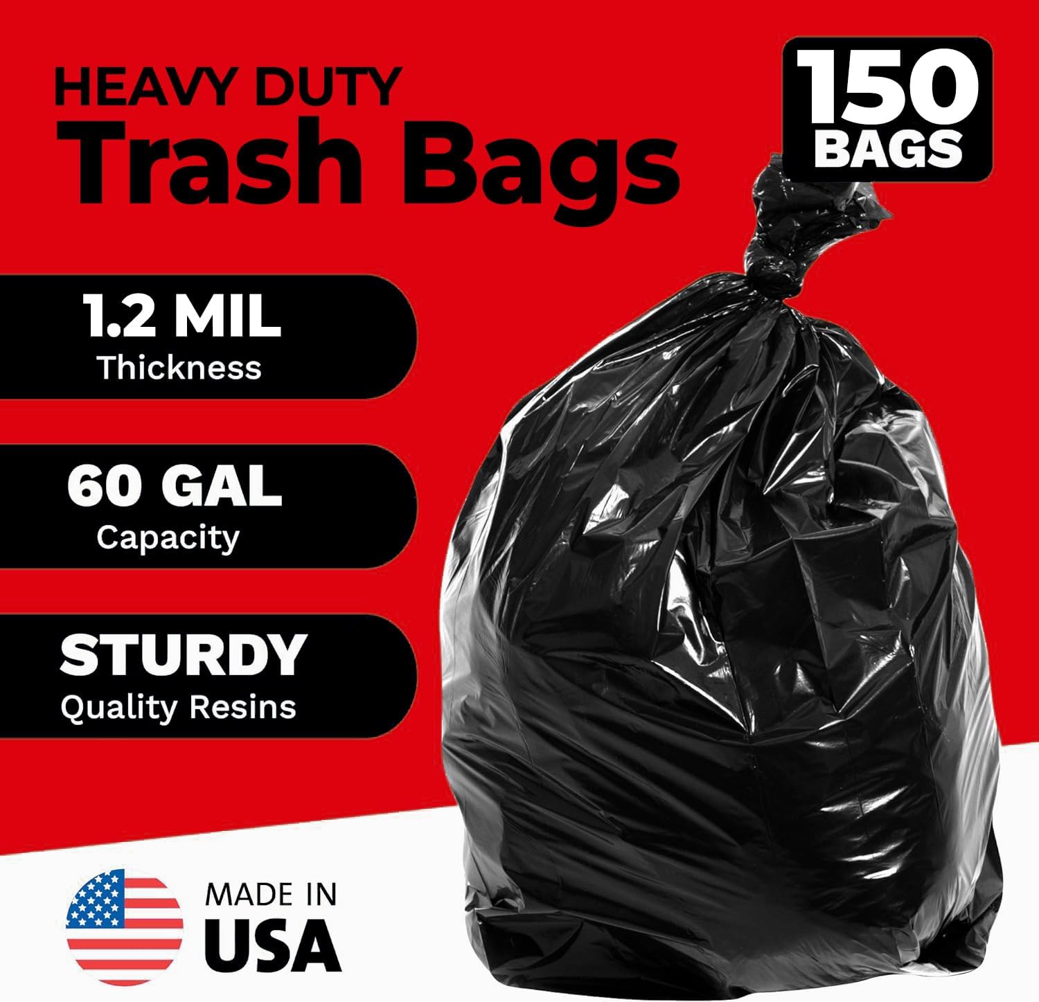 ToughBag Heavy Duty Trash Bags - 55-60 Gallon, 150 Count Large Black Garbage Bags | Made in USA