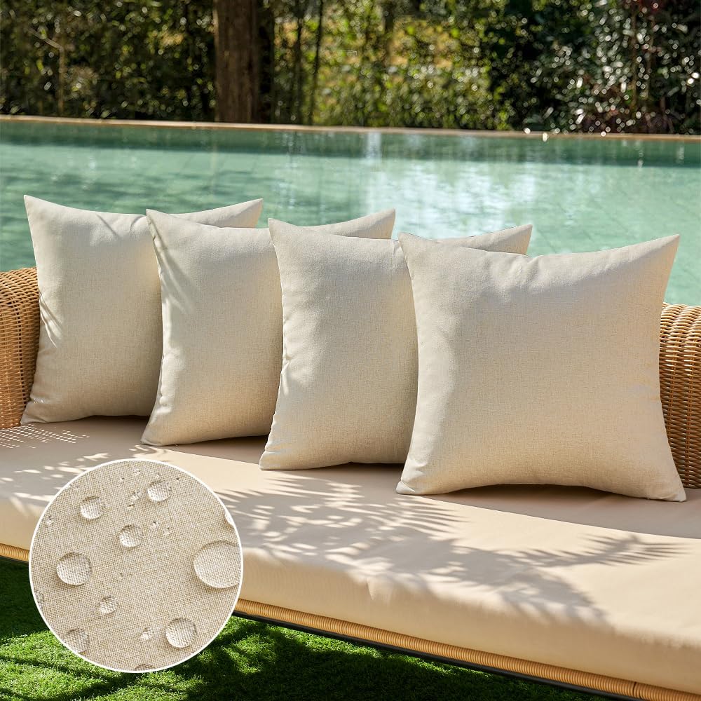 MIULEE Decorative Outdoor Throw Pillow Covers - Waterproof Linen Cushion Cases | Pack of 4, 18x18 Inch, Beige