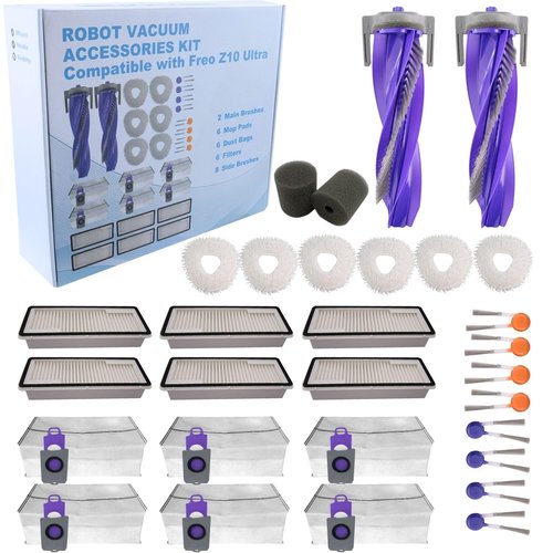 Replacement Accessories Parts Kit Compatible with Narwal Freo Z10 Ultra - Includes 6 Dust Bags, 6 Mop Pads, 6 Filters, 8 Side Brushes, 2 Rubber Main Brushes, 2 Water Tank Filter Sponge
