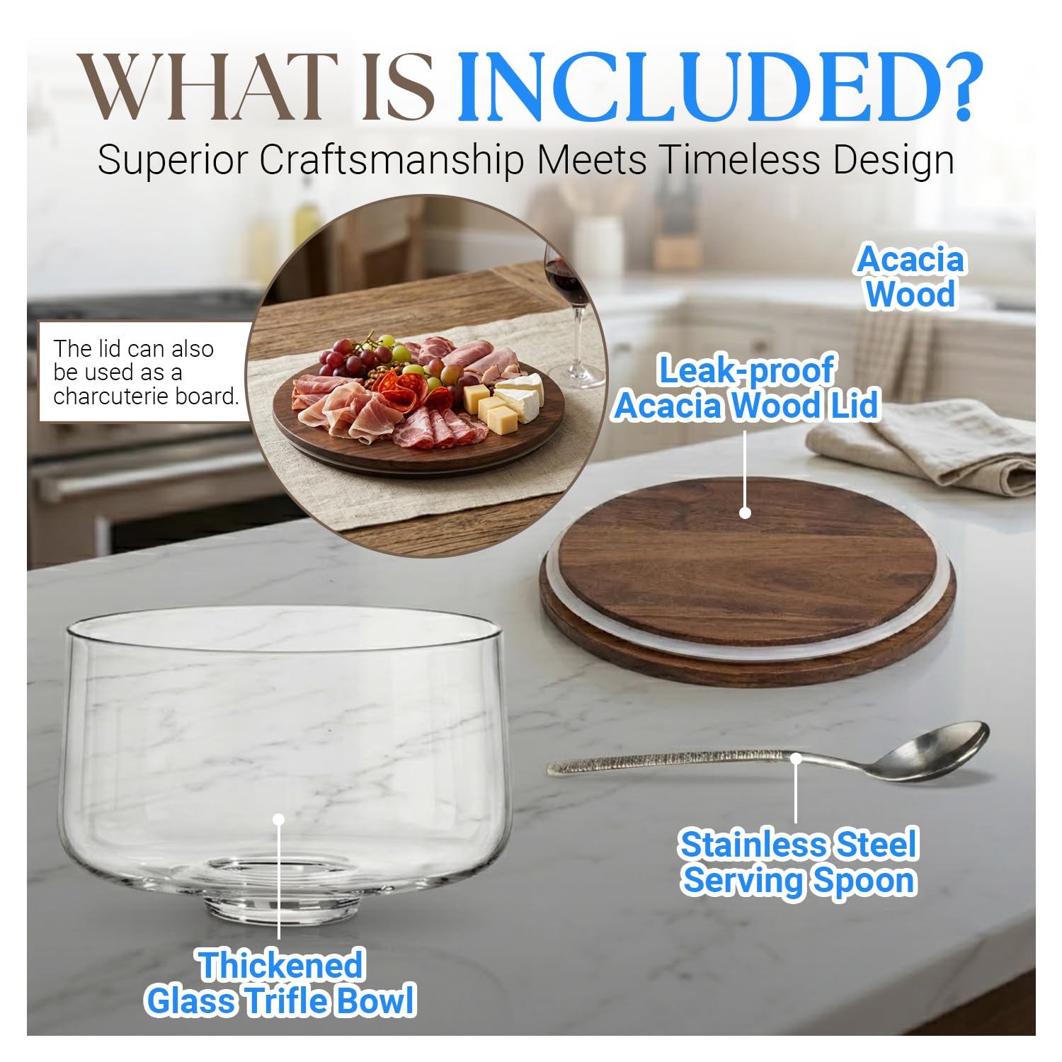 Large Trifle Bowl with Lid Set, 4.8Q (155oz) - Silver Serving Spoon & Acacia Wood Lid - Decorative Glass Mixing Bowl, Trifle Glass With Pedestal - Serving Bowl for Layered Desserts, Fruits, Salads,
