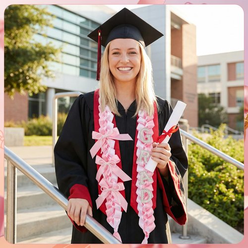 JATEBI 9 Pcs Coquette Graduation Leis&Cords Set 59 Inch Pink Ribbon Lei with Pearl Bows and Patches for 2026 Graduate Gifts