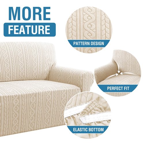 H.VERSAILTEX Sofa Cover 1 Piece Stretch Sofa Slipcovers Non Slip Sofa Cover with Elastic Bottom Washable for Kids, Pets Upgrade Thick Jacquard Fabric with Spiral Pattern(75"-85", Ivory)