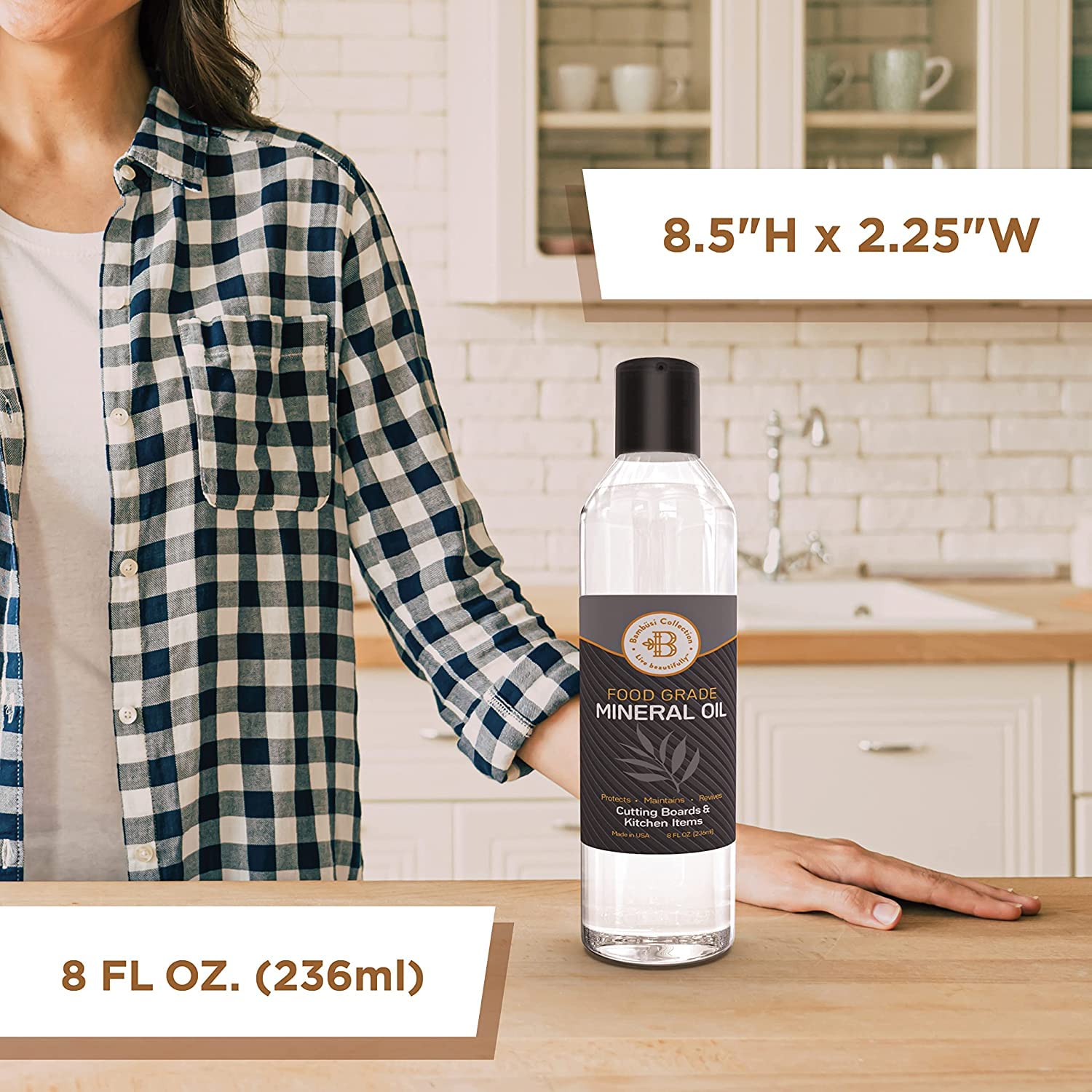 Mineral Oil for Wood Cutting Board - Food Grade Butcher Block Oil Conditioner, Cutting Board Oil for Bamboo, Teak, Wood Countertops, Knives, Utensils, Meat Grinder, Soapstone, Marble, 8 oz by Bambusi