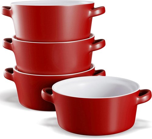 Kook Soup Crocks - Stackable Ceramic Bowls | Oven, Microwave & Dishwasher Safe - 18 oz, Set of 4 (Matte Red)