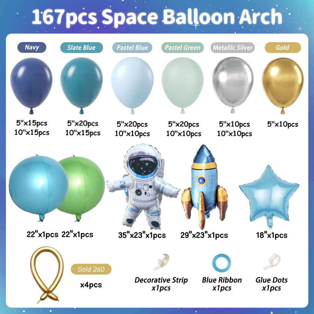 167pcs Space Balloons Arch Kit - Outer Space Party Decorations with Astronaut Rocket Blue Green Balloons for Baby Shower