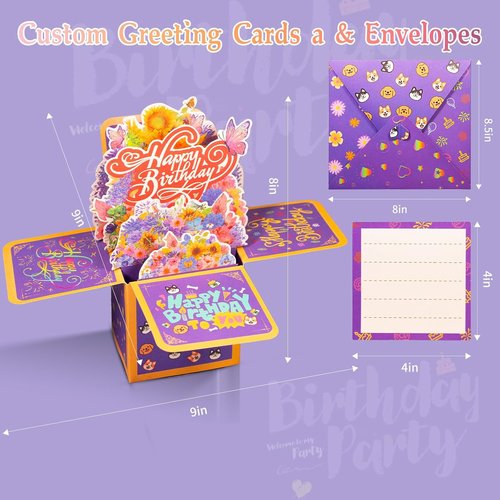 3D Birthday Cards - Thickened Square Gift Box with Blank Card & Envelope | 100% Biodegradable, Vibrant Colors
