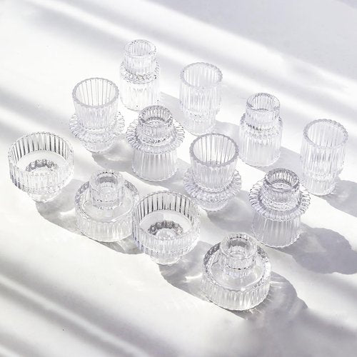 SYFURNIX Clear Candlestick Holders 12PCS Ribbed Glass Taper Candle Holders for Tealight Stick Candles Table Centerpieces Thanksgiving Christmas Indoor and Outdoor Decorations
