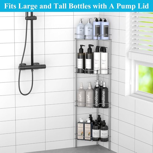 HuggieGems Corner Shower Caddy Organizer - 4 Tier Floor Standing Shelf with Hooks | Gray Bathroom Storage