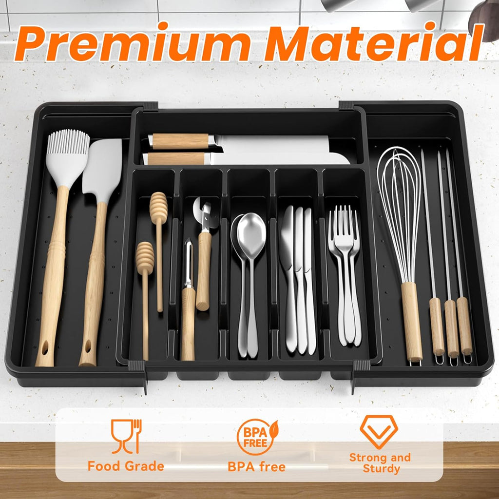 RoomHacks Large Silverware Organizer - Expandable Utensil Drawer Holder | BPA-Free, Adjustable, Black (6-8 Slots)