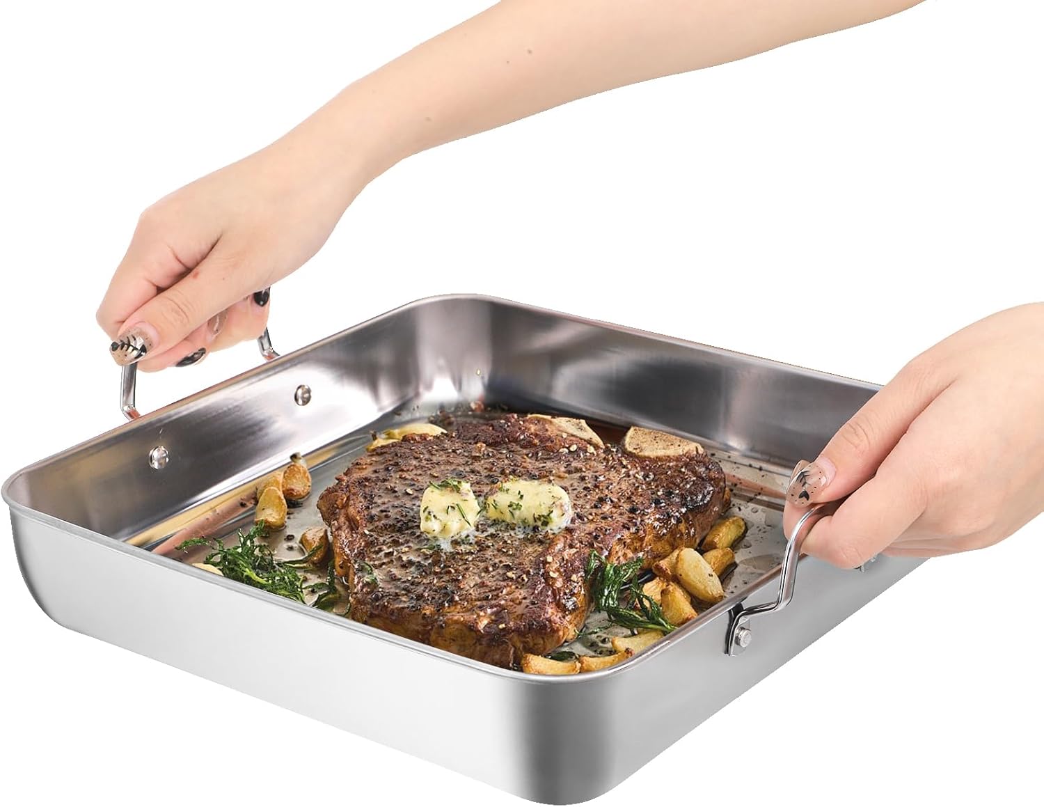 Tebery Square Cake Pan Set - Deep Stainless Steel Nonstick Baking Pans with Handles | 3-Piece Bakeware Set