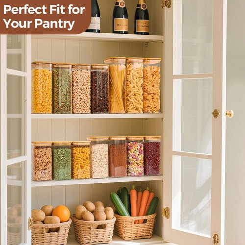 ComSaf Airtight Glass Storage Canister - Wood Lid Food Storage Jar Set of 3 | 1.6 Qt Clear Containers for Oats, Pasta, Flour, Sugar, Tea, Coffee Beans