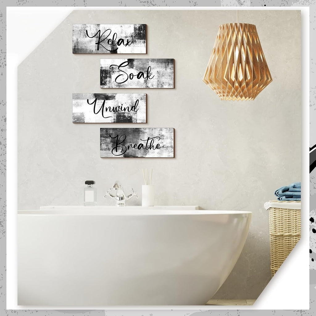 Maitys Bathroom Wall Art - Rustic 4-Piece Set for Soak, Unwind, Relax | 10 x 4 Inch Black & White Decor