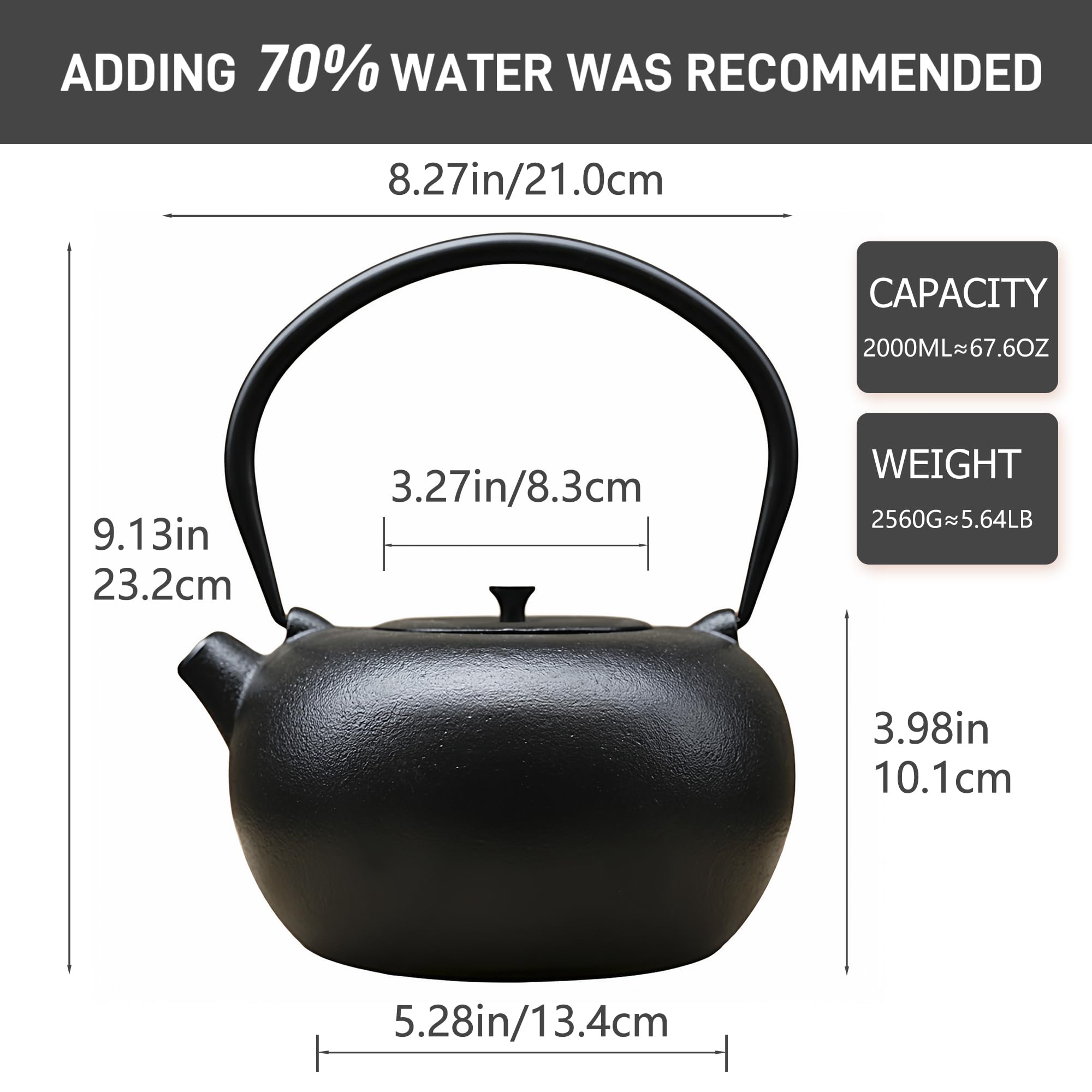 SECHUDO 67.6oz Cast Iron Teapot for Stovetop Safe, Black Chinese Tea Kettle with Stainless Steel Infuser for Loose Leaf, Heavy and Large Tea Pot for Induction Cooker, Teapot Enameled Interior