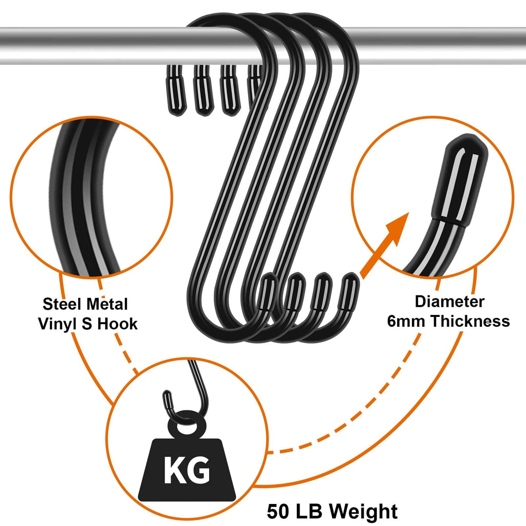 10 Pack 6 Inch Heavy Duty S Hooks, Vinyl Coated Large S Hook for Hanging Plants, Non Slip Black S Shaped Hanging Hooks for Closet, Jeans, Bags, Pot Pans, Wire Shelf Rack, Bird Feeders, Garage, Tools