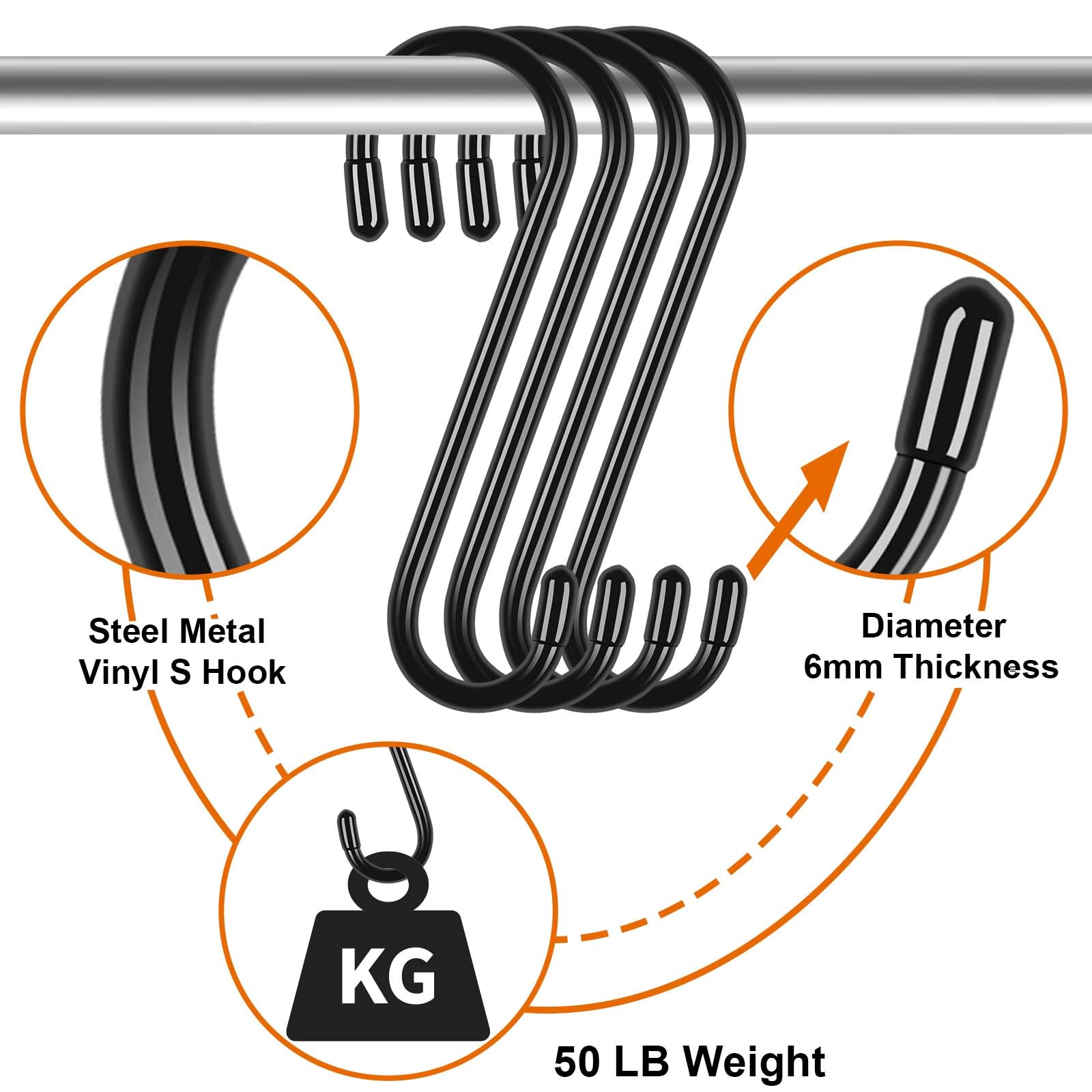 10 Pack 6 Inch Heavy Duty S Hooks, Vinyl Coated Large S Hook for Hanging Plants, Non Slip Black S Shaped Hanging Hooks for Closet, Jeans, Bags, Pot Pans, Wire Shelf Rack, Bird Feeders, Garage, Tools