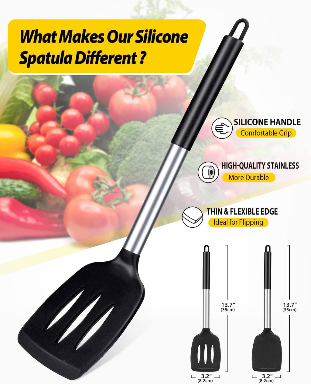 Skiennix Silicone Turner Spatulas - Non-Stick, High Heat Resistant, BPA-Free | Pack of 2 (Black)