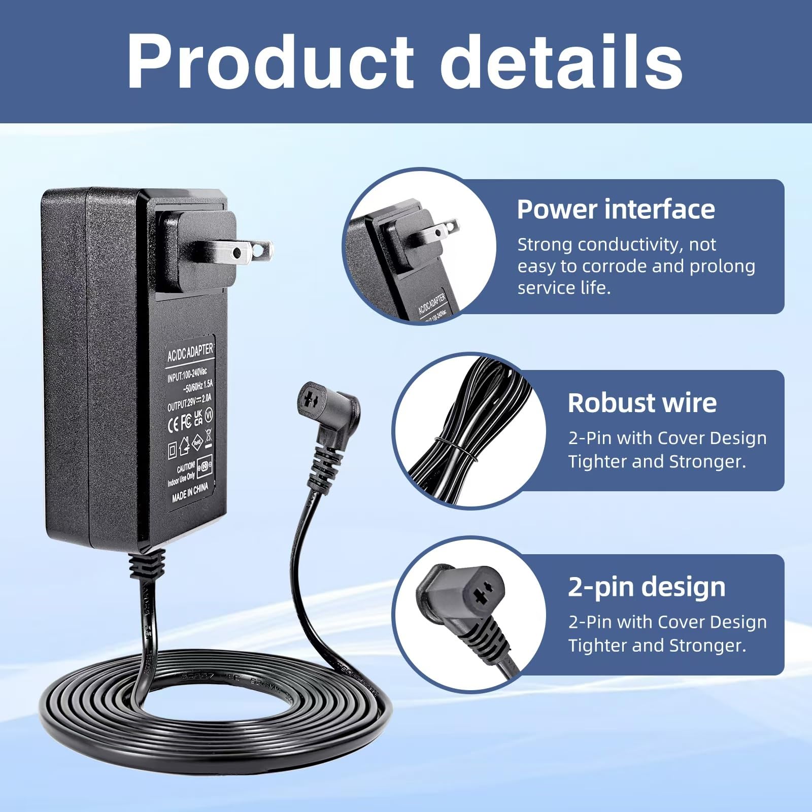 Universal Power Cord for Wall Plug-in Recliner Chair-2-Pin Adapter for Lift Chair,Recliner Sofa,Recliner Couch,29V 2A Recliner Power Supply Compatible with Most Makes & Models ZB-H290020A-C ZBPOWER
