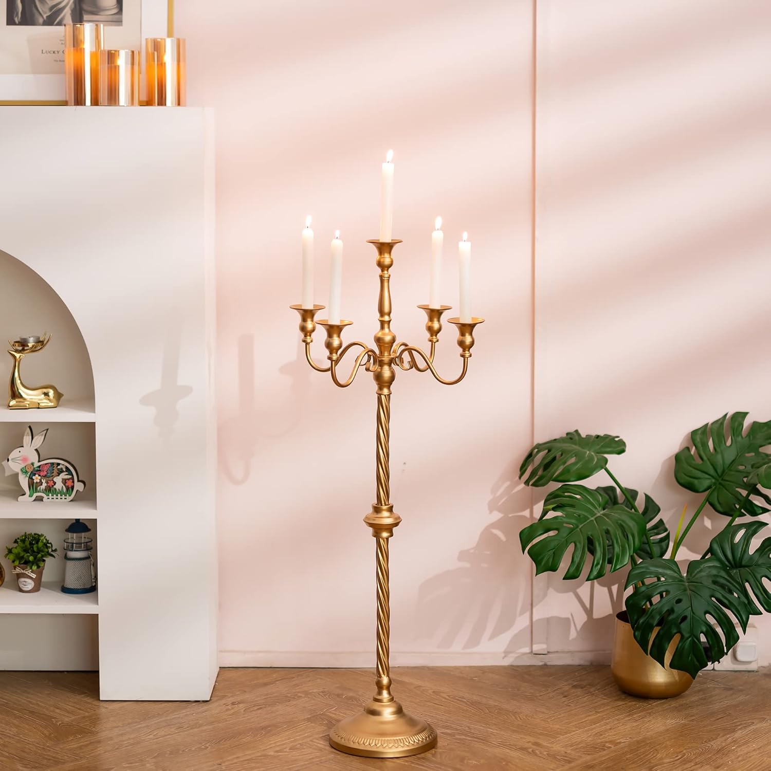 Sziqiqi Gold Floor Candelabra | Tall 5-Arm Candle Holder for Elegant Centerpieces