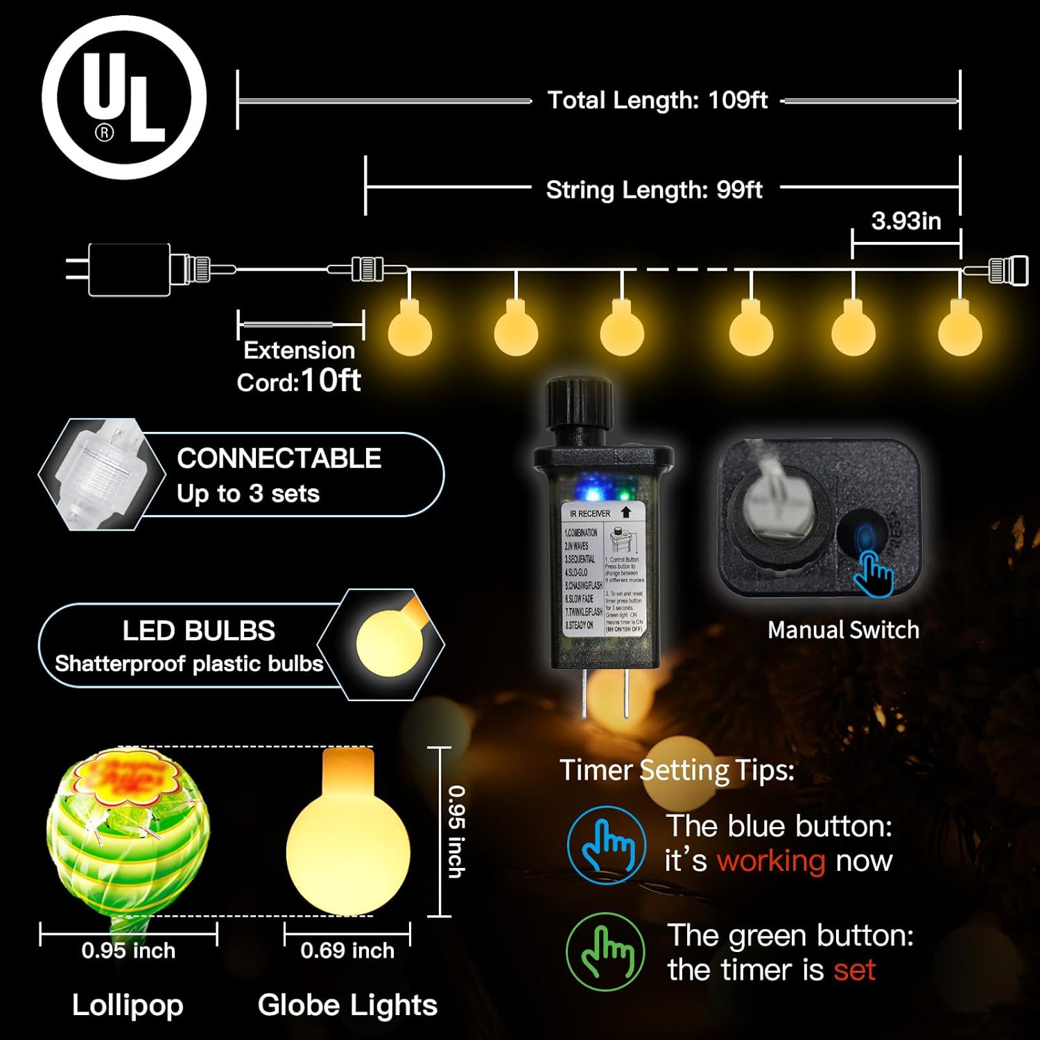 Suddus Globe String Lights - 99ft 300 LED Indoor/Outdoor Fairy Lights with Remote | Warm White Decor