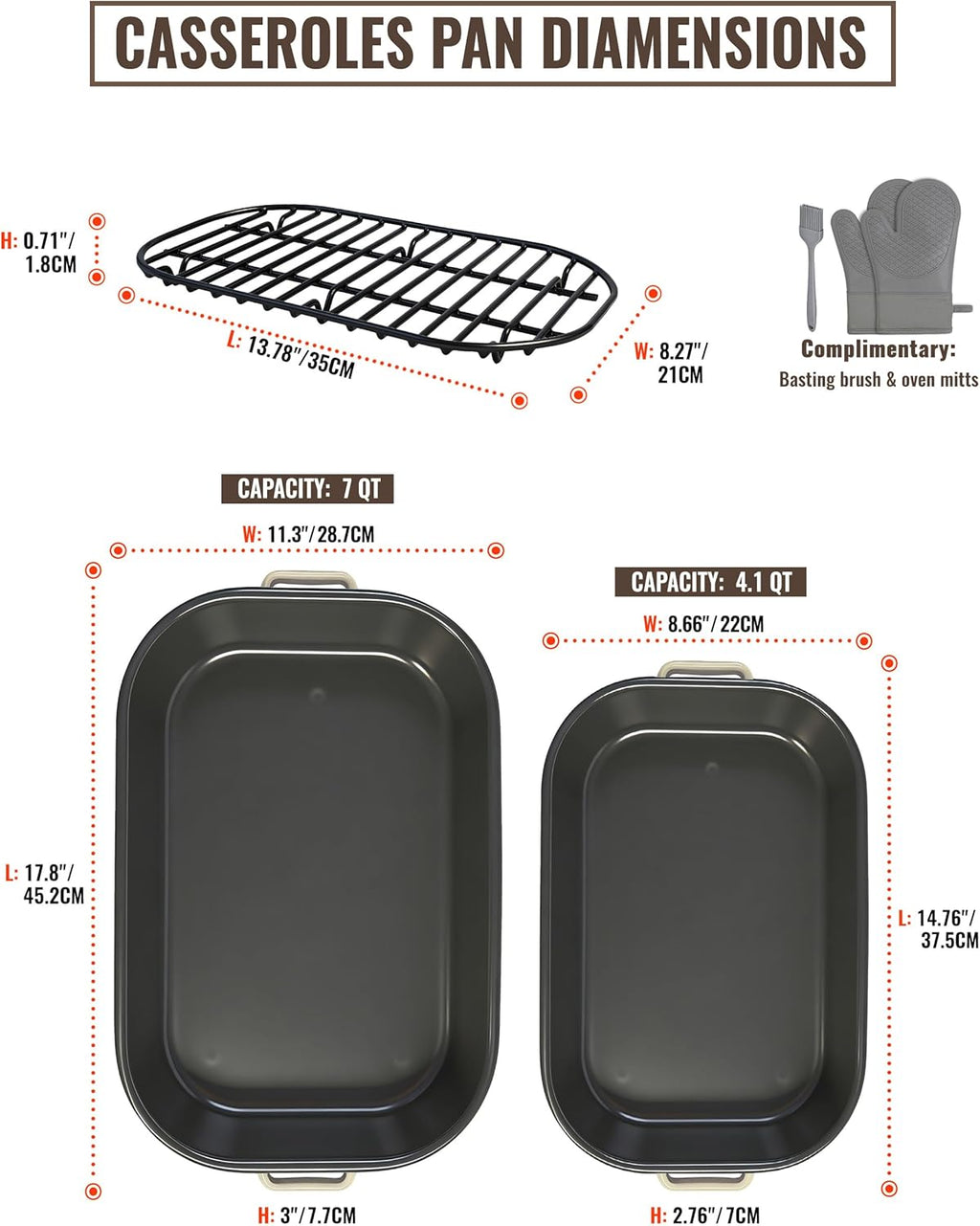 Skiennix Casserole Dishes - 6-Pack Lasagna Baking Set with Handles & Rack | 14 & 17 Inch Enamel Cookware, Dishwasher Safe