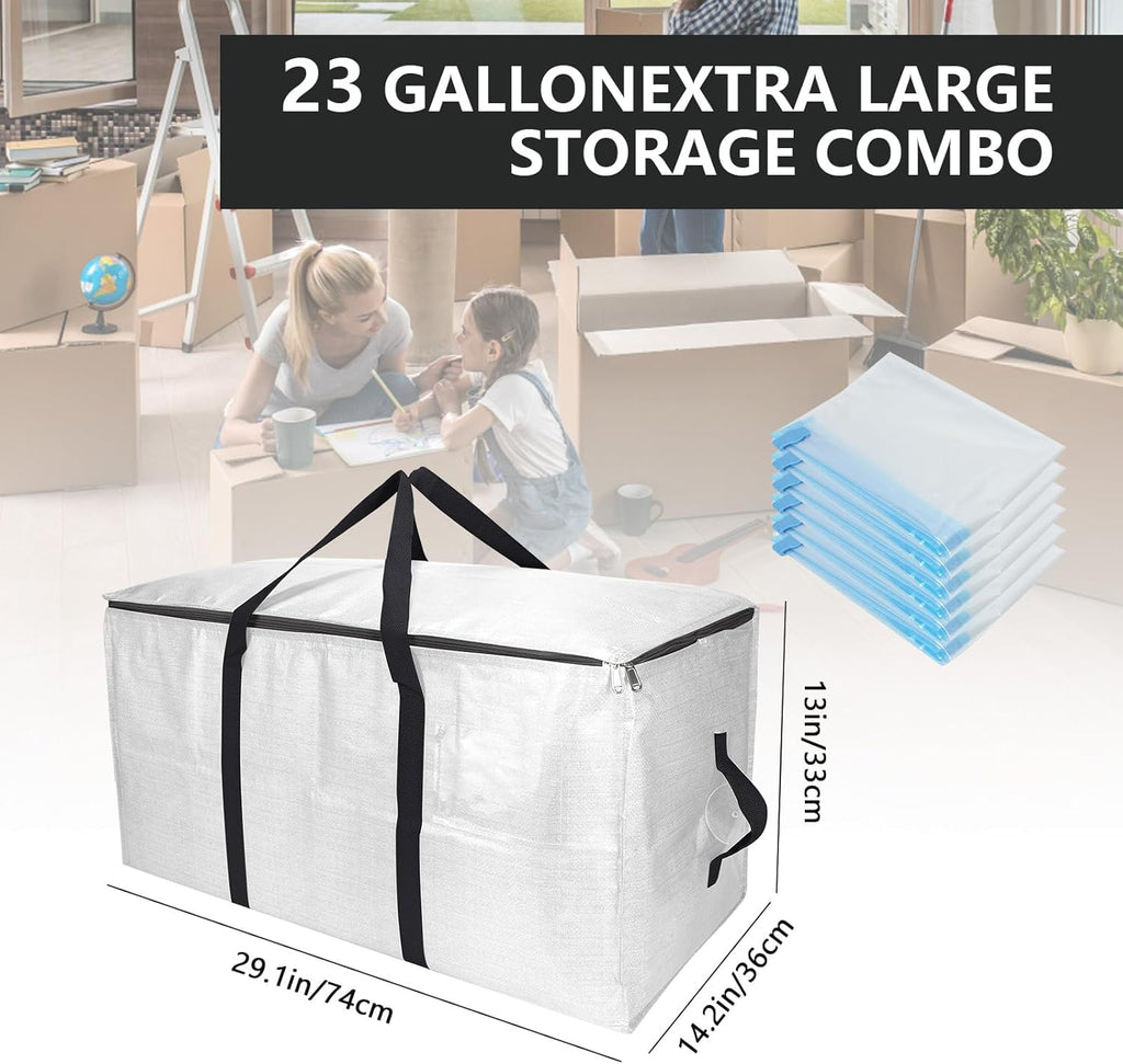 Skiennix Extra Large Storage Bags Set - Heavy Duty Waterproof Moving Totes with Handles | 6 Bags & 10 Vacuum Seal Bags
