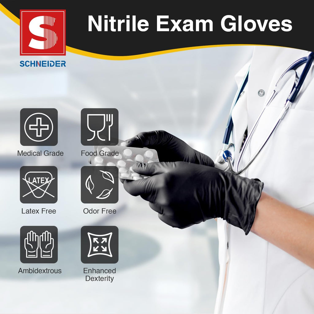 Schneider Nitrile Exam Gloves - Black Latex-Free, Powder-Free Disposable Gloves for Medical & Food Prep