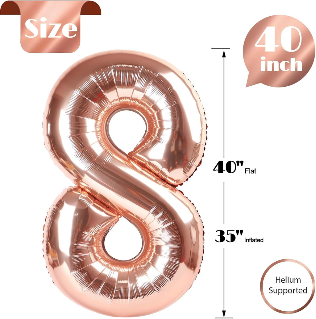 Rose Gold Number 8 Balloon - 40 Inch Birthday Decoration for Boys & Girls | Perfect 8th Birthday Party Supplies