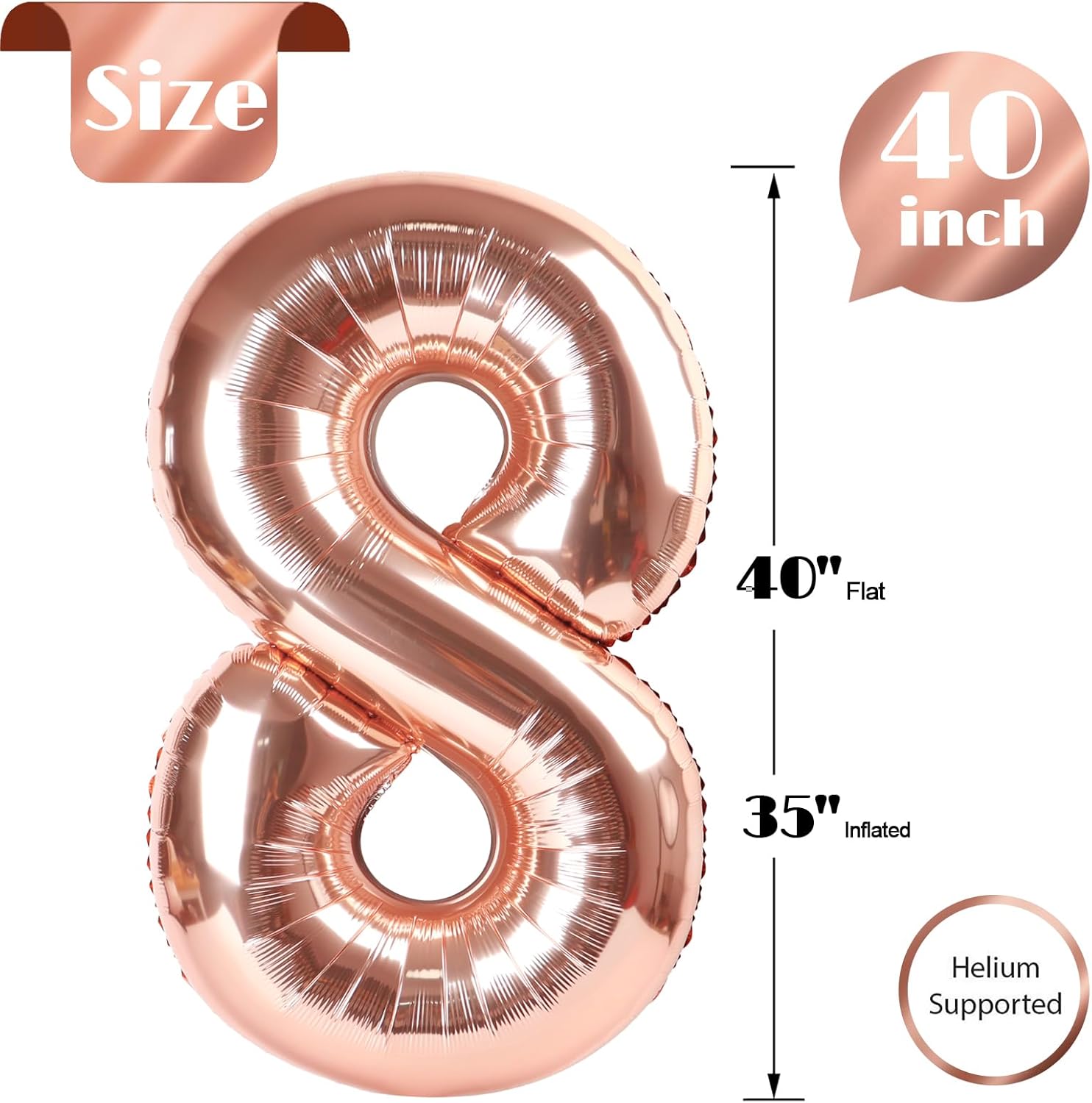 Rose Gold Number 8 Balloon - 40 Inch Birthday Decoration for Boys & Girls | Perfect 8th Birthday Party Supplies