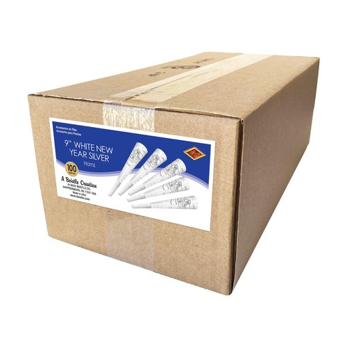 Beistle 100 Piece Happy New Year Party Supplies Favors NYE Noisemaker Horns, Made in USA Since 1900, 9", White/Silver