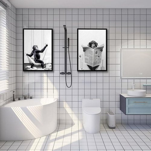 Funny Monkey Painting Poster - Framed Black and White Canvas Art | 12" x 16" for Kids' Bathroom Decor