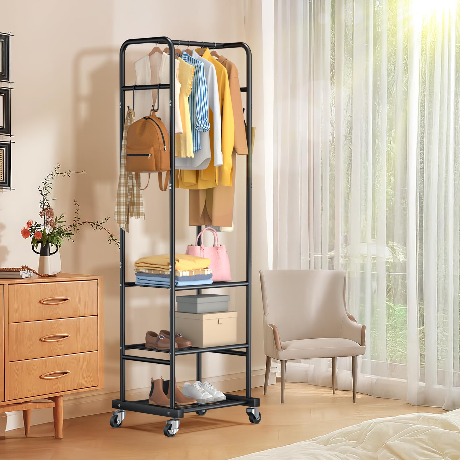 ZHKINGGS Clothes Rack with Wheels, Freestanding Garment Rack with 3 Metal Shelves for Hanging Clothes, Portable Hanging Rod for Small Room, Bedroom, Bathroom (Black)