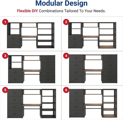 FLEXIMOUNTS Garage Storage Cabinet System - 3-in-1 Modular Metal Tool Cabinet with Workbench & Pegboard | 117" Black, 24-Gauge Steel