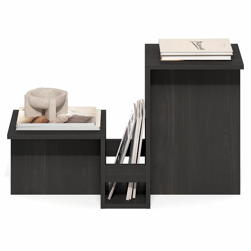 Furinno BOYATE Side Table, Valley Shaped End Table, with Tiered Levels and Magazine Rack, for Living Room, Espresso